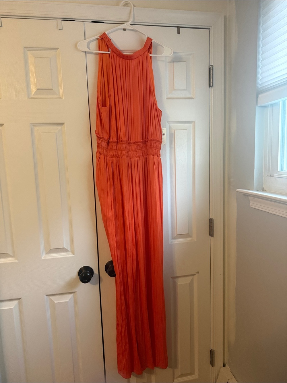 Anthropologie Coral Sleeveless Pleated Jumpsuit with Smocked Waist